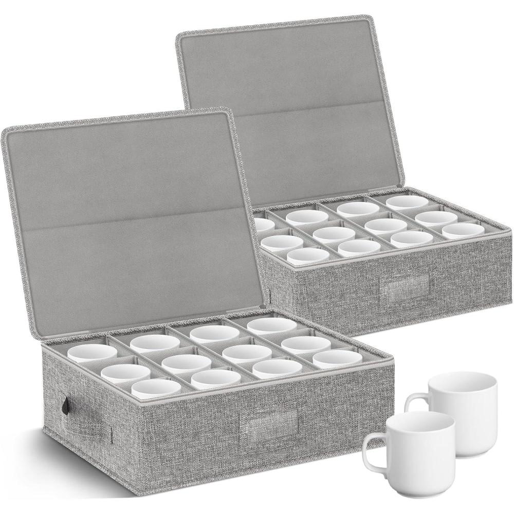 image:imageCoffee Mug Storage Box 2 Pack with Dividers China Storage Containers Organizer Moving Supplies Hard Shell amp Stackable for Coffee Mugs Tea Cups wSturdy Lid amp Handles 24 Compartments GreyMug and Cup Storage 2pcs