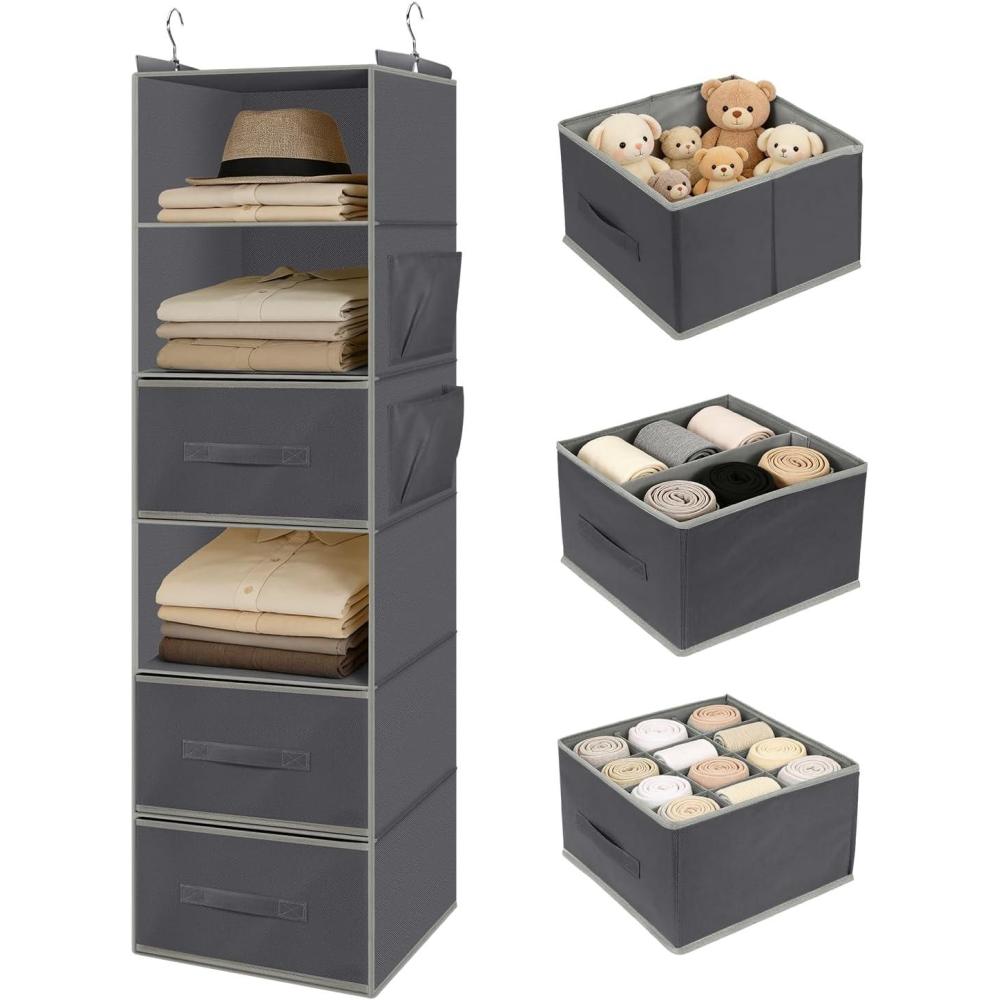 image:imageHanging Closet Organizer 6Shelf with 3 Drawers amp Side Pockets Closet Organizers and Storage for Dorm Nursery amp Wardrobe Organization Hanging Shelf Clothes Organizer for Sweaters Shoes GrayGrey