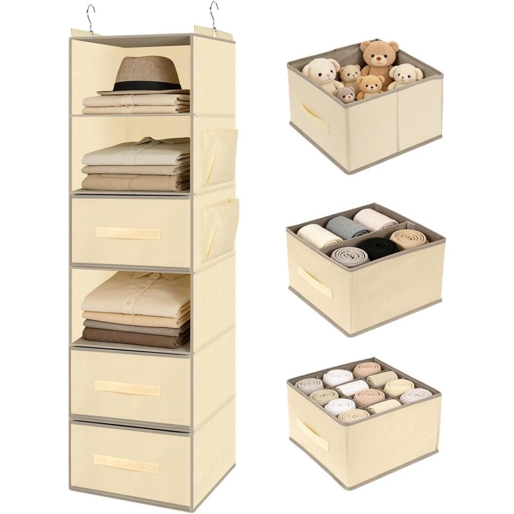 image:imageHanging Closet Organizer 6Shelf with 3 Drawers amp Side Pockets Closet Organizers and Storage for Dorm Nursery amp Wardrobe Organization Hanging Shelf Clothes Organizer for Sweaters Shoes GrayBeige