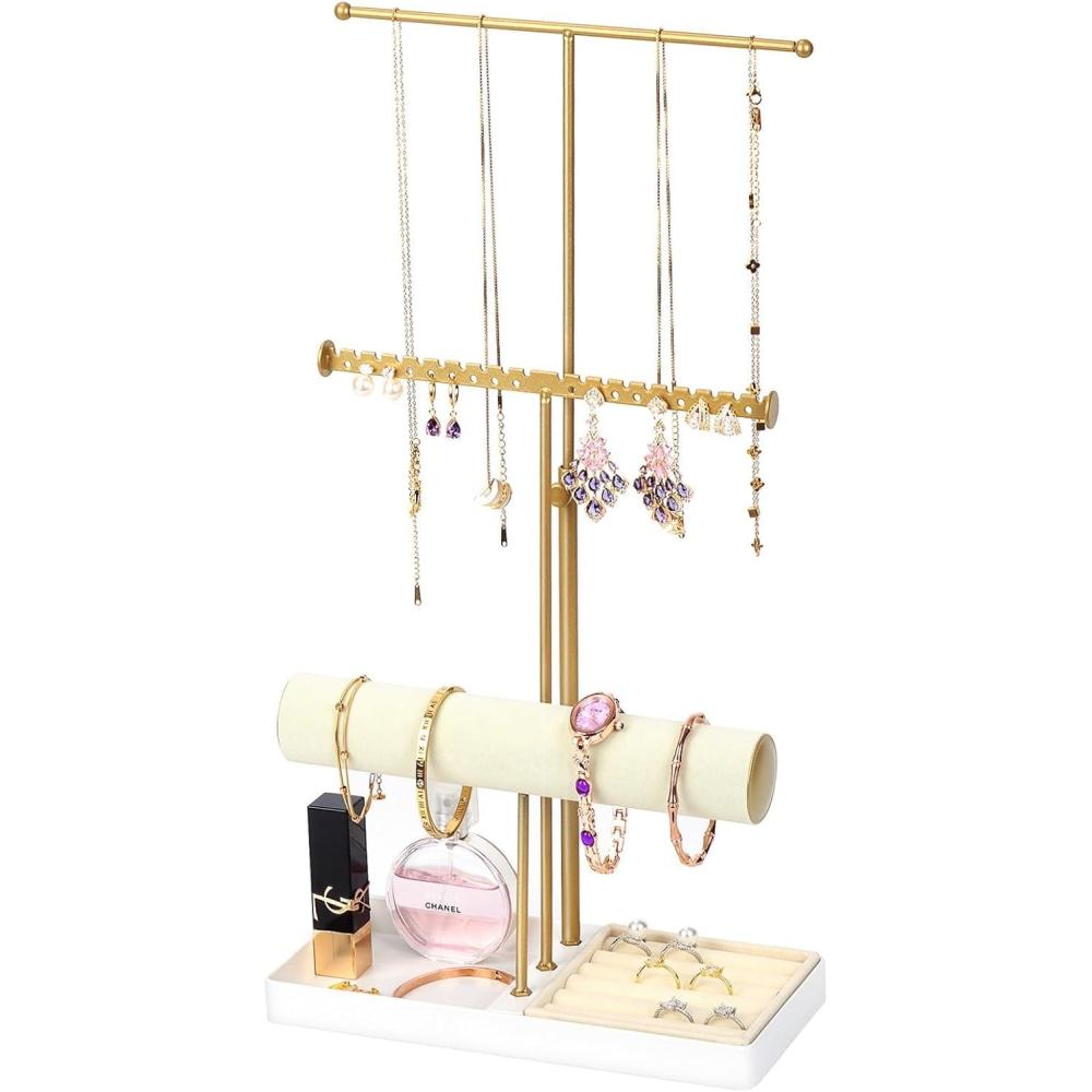 image:imageJewelry Organizer Stand with Velvet Bracelet Holder 3 Tier Sturdy Hangers for Necklaces Watches Rings Earrings Adjustable Tall 171 Max Gold Metal Jewelry Tower Gift for Women