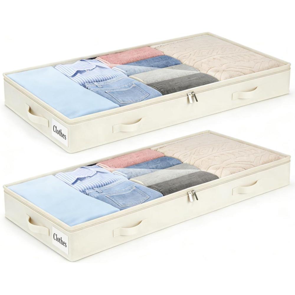 image:imageUnder Bed Storage Container Bins 2 Pack 4 Inch Thin Low Profile Underbed Clothes Storage Organizer for Dorm amp Home Use for Blanket and Toy Storage Box W Sturdy BottomSides Foldable Thick FabricSoftWhite2 Pack