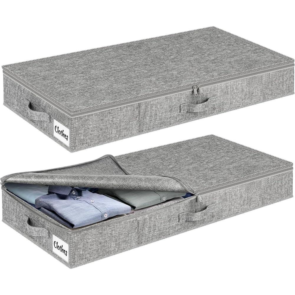 image:imageUnder Bed Storage Container Bins 2 Pack 4 Inch Thin Low Profile Underbed Clothes Storage Organizer for Dorm amp Home Use for Blanket and Toy Storage Box W Sturdy BottomSides Foldable Thick FabricRigidGray2 Pack