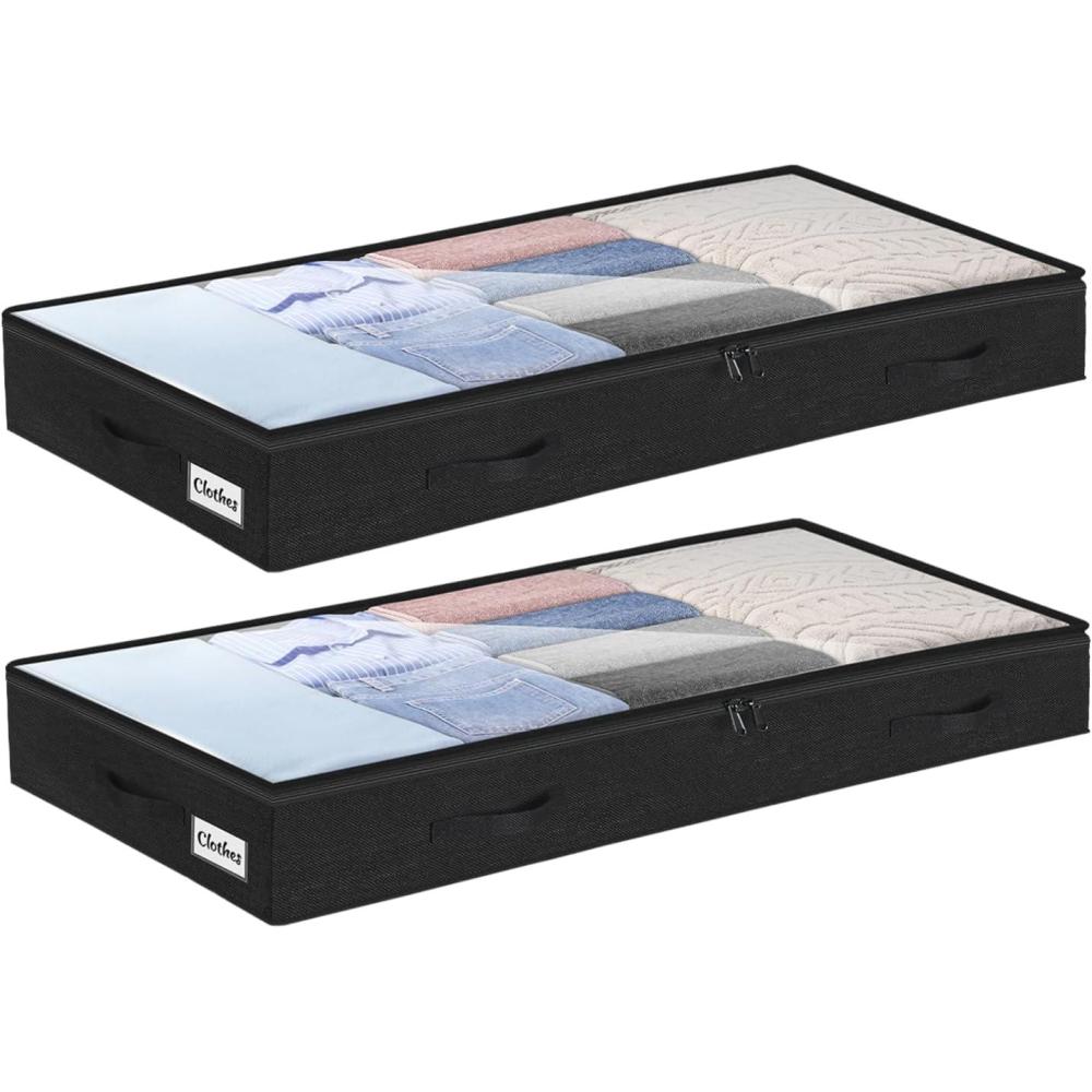 image:imageUnder Bed Storage Container Bins 2 Pack 4 Inch Thin Low Profile Underbed Clothes Storage Organizer for Dorm amp Home Use for Blanket and Toy Storage Box W Sturdy BottomSides Foldable Thick FabricSoftBlack2 Pack