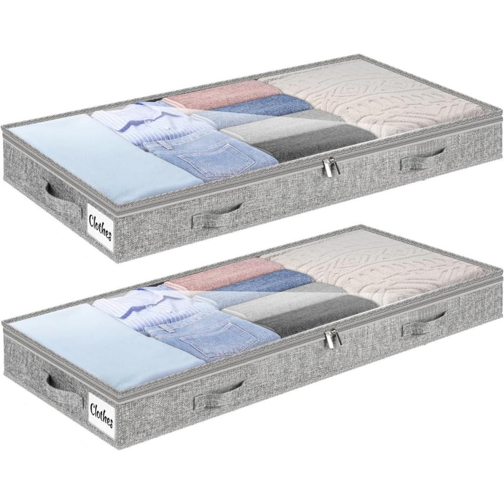 image:imageUnder Bed Storage Container Bins 2 Pack 4 Inch Thin Low Profile Underbed Clothes Storage Organizer for Dorm amp Home Use for Blanket and Toy Storage Box W Sturdy BottomSides Foldable Thick FabricSoftGray2 Pack
