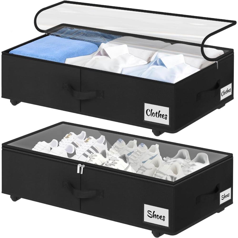 image:imageUnder Bed Storage with Wheels 2Pack 10 Height XXL 60L Rolling Storage Bins Quick Assembly Underbed Shoe Storage Containers with Clear Lid amp Label Dorm Under bed Drawers for Clothes Shoes BlackBlack2 Pack