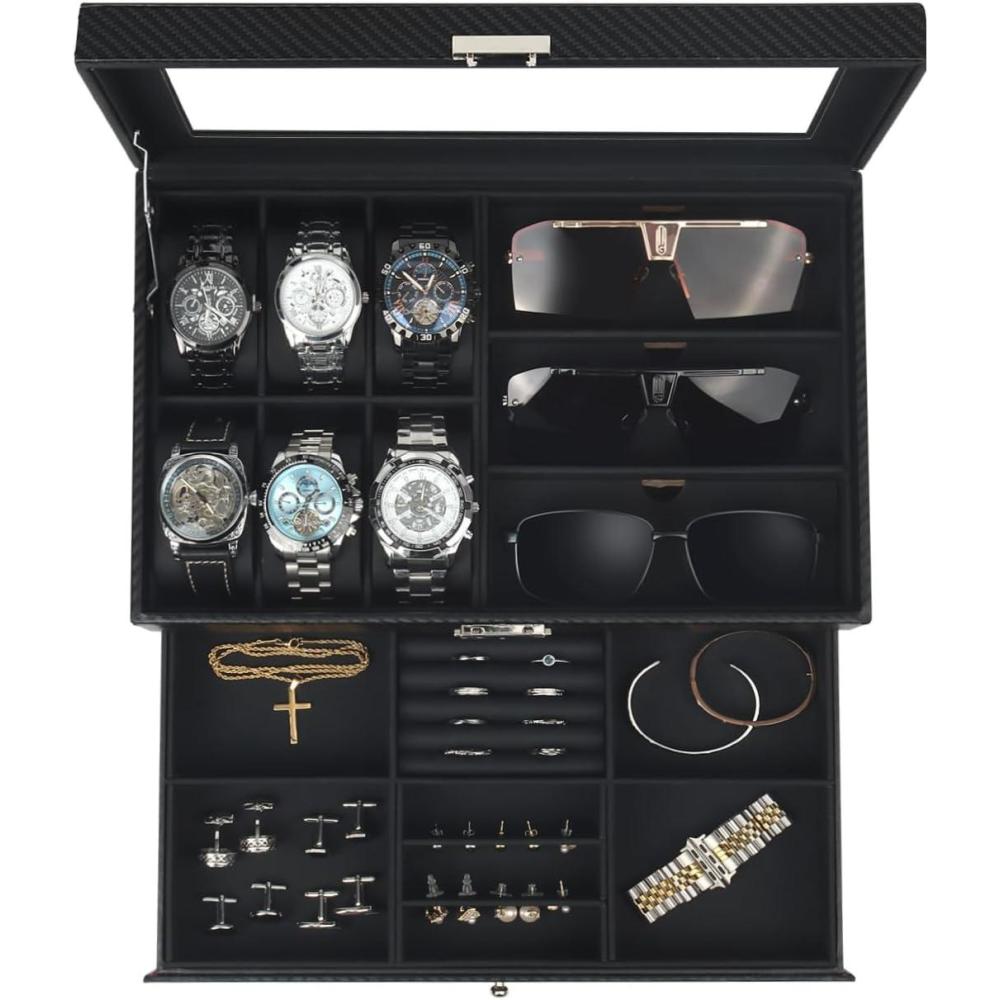 image:imageWatch Jewelry Box Organizer 6Slot 2Layer Watch Case and Sunglasses Storage with Large Glass Lid Mens Jewelry Box with Lock Watch Holder Display Case Gift for Men WomenAll Black6 Slot