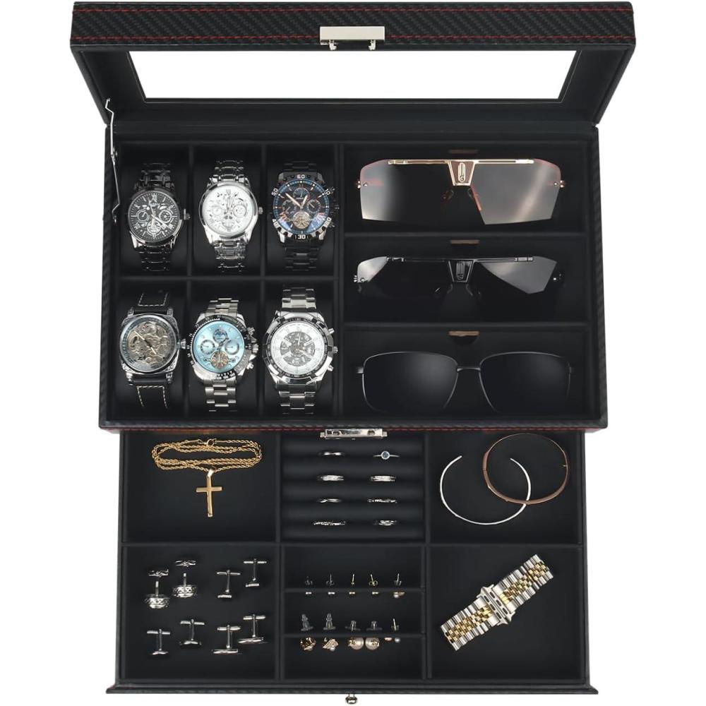 image:imageWatch Jewelry Box Organizer 6Slot 2Layer Watch Case and Sunglasses Storage with Large Glass Lid Mens Jewelry Box with Lock Watch Holder Display Case Gift for Men WomenBlack6 Slot