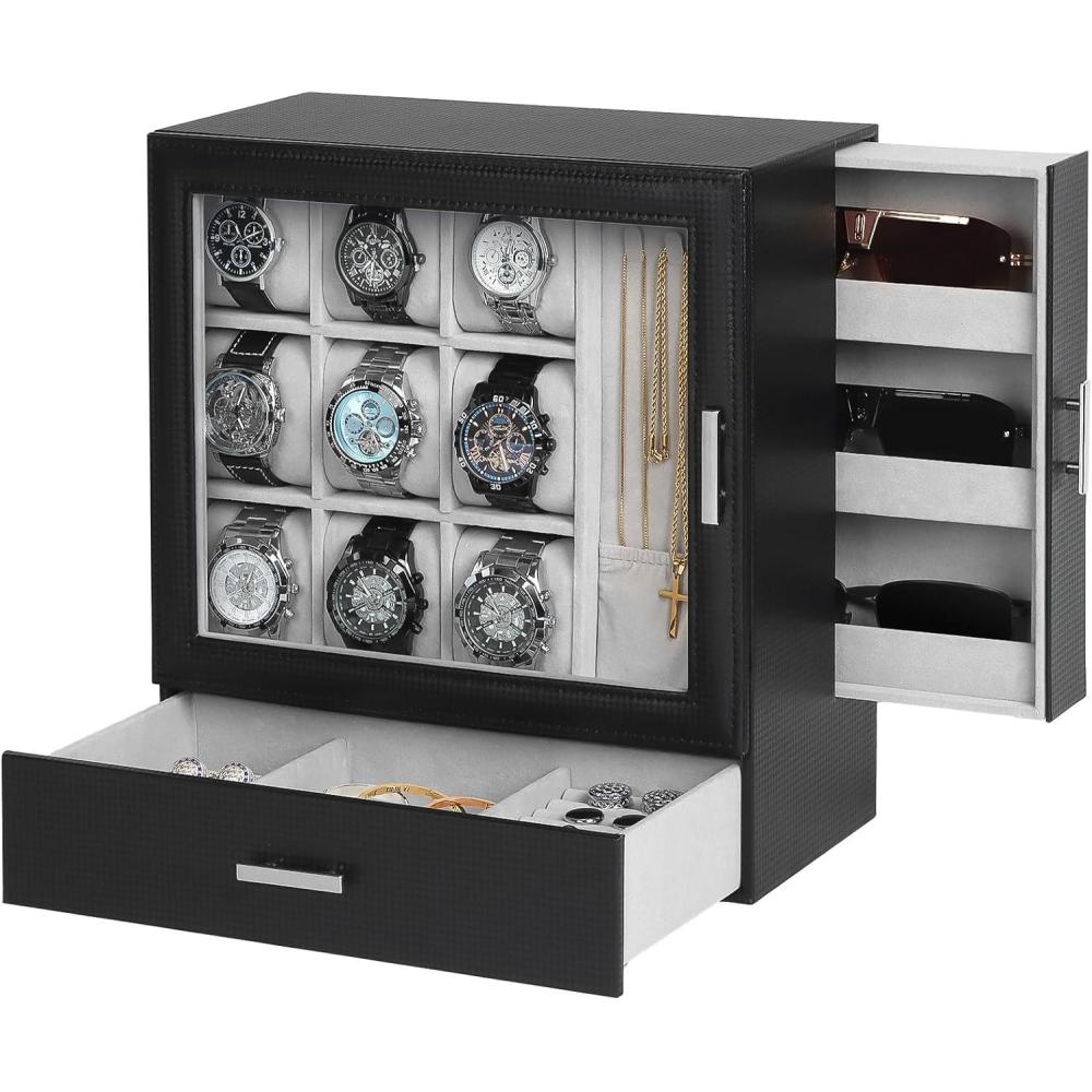 image:imageWatch Jewelry Box Organizer 6Slot 2Layer Watch Case and Sunglasses Storage with Large Glass Lid Mens Jewelry Box with Lock Watch Holder Display Case Gift for Men WomenWatch Jewelry Display Box9 Slot