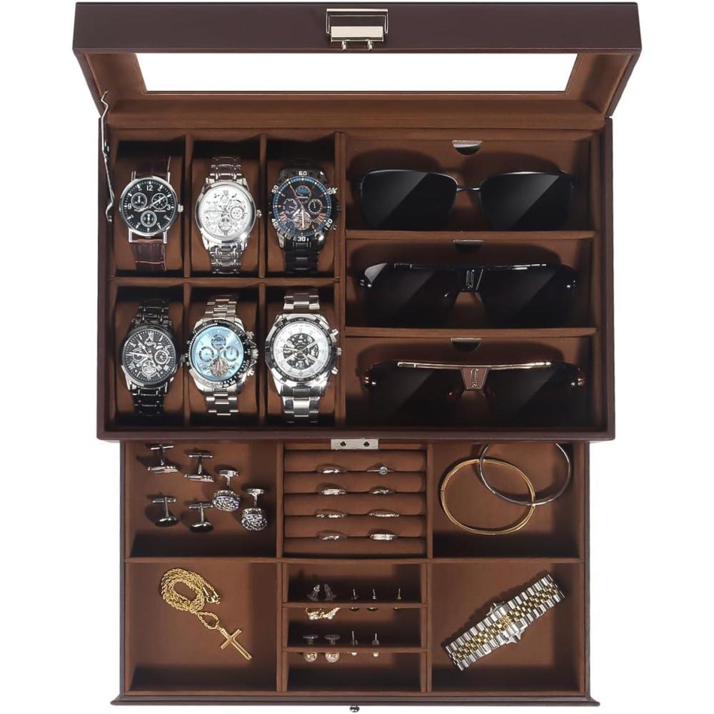 image:imageWatch Jewelry Box Organizer 6Slot 2Layer Watch Case and Sunglasses Storage with Large Glass Lid Mens Jewelry Box with Lock Watch Holder Display Case Gift for Men WomenBrown6 Slot