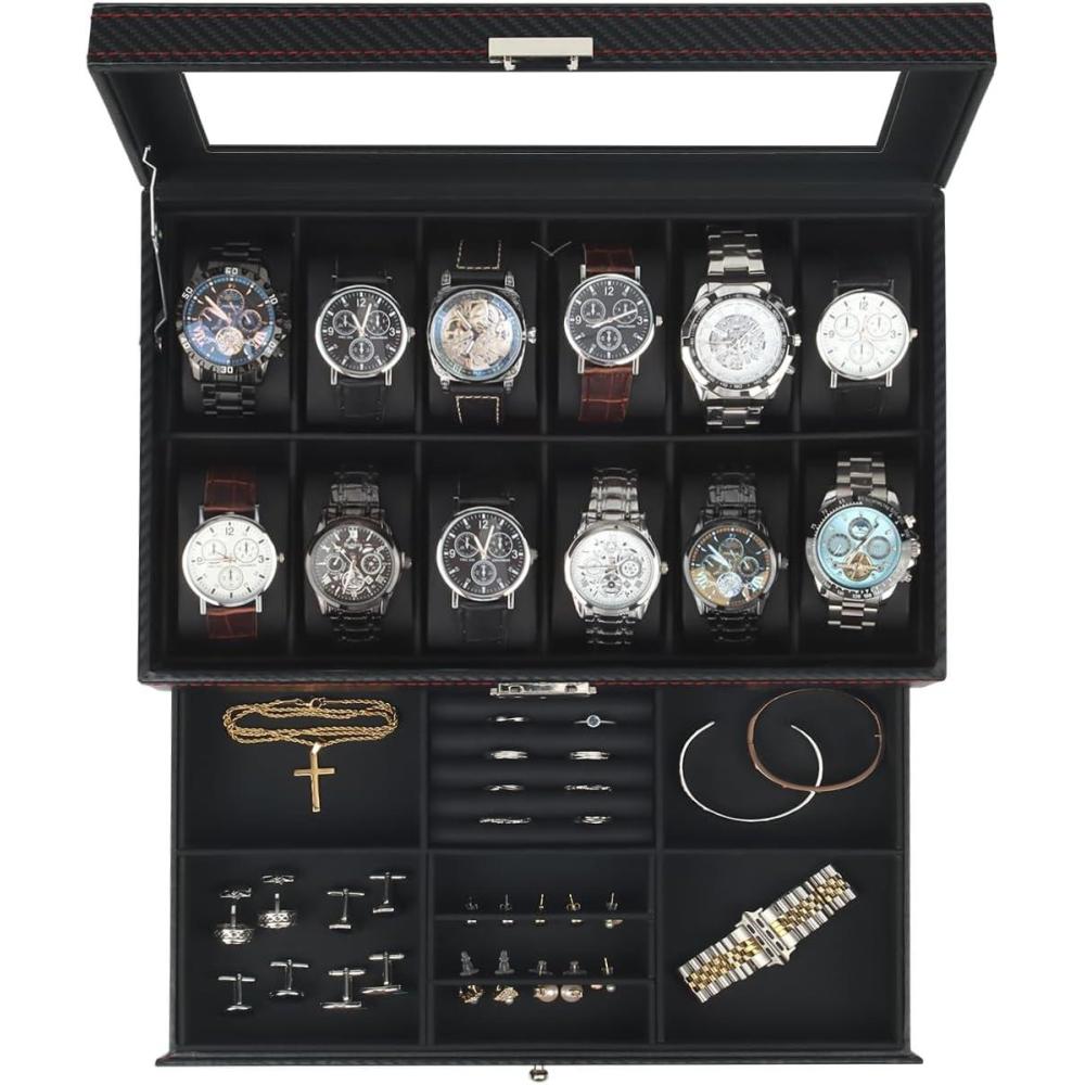 image:imageWatch Jewelry Box Organizer 6Slot 2Layer Watch Case and Sunglasses Storage with Large Glass Lid Mens Jewelry Box with Lock Watch Holder Display Case Gift for Men WomenBlack12 Slot