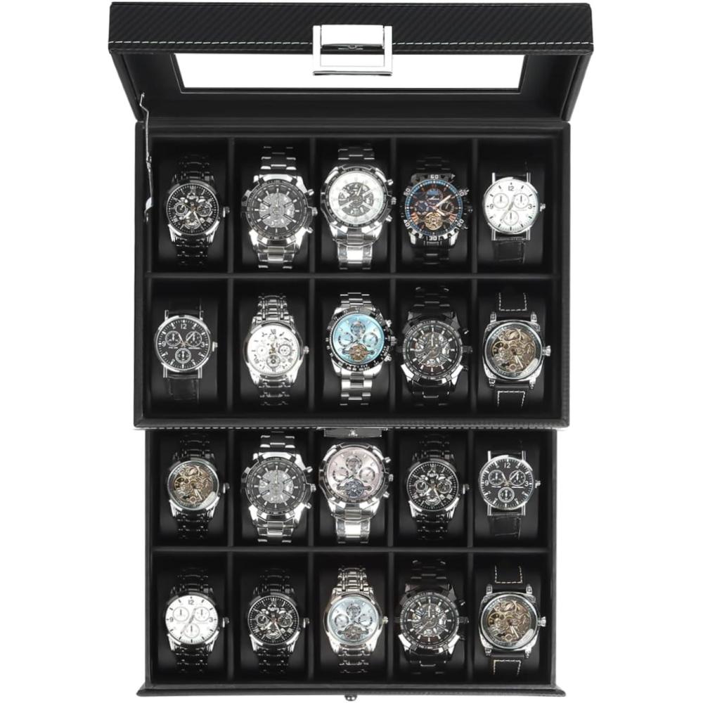 image:imageWatch Jewelry Box Organizer 6Slot 2Layer Watch Case and Sunglasses Storage with Large Glass Lid Mens Jewelry Box with Lock Watch Holder Display Case Gift for Men WomenBlack20 Slot