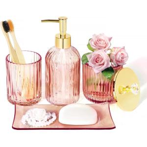 Ceramic Bathroom Accessories Set, 4 Pcs-Includes Lotion Soap Dispenser, Toothbrush Holder, Vanity Tray, and Tumbler, Modern Bathroom Decor Organizer with Soap Dish, Apothecary Jar, Beige Color(Glass Pink)