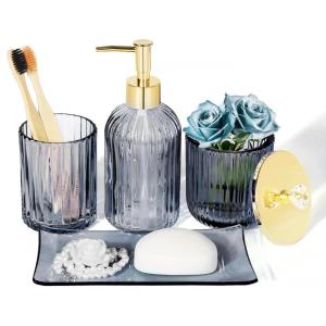 Ceramic Bathroom Accessories Set, 4 Pcs-Includes Lotion Soap Dispenser, Toothbrush Holder, Vanity Tray, and Tumbler, Modern Bathroom Decor Organizer with Soap Dish, Apothecary Jar, Beige Color(Glass Blue)