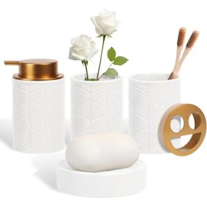 Ceramic Bathroom Accessories Set, 4 Pcs-Includes Lotion Soap Dispenser, Toothbrush Holder, Vanity Tray, and Tumbler, Modern Bathroom Decor Organizer with Soap Dish, Apothecary Jar, Beige Color(Ceramic White)