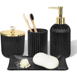 Ceramic Bathroom Accessories Set, 4 Pcs-Includes Lotion Soap Dispenser, Toothbrush Holder, Vanity Tray, and Tumbler, Modern Bathroom Decor Organizer with Soap Dish, Apothecary Jar, Beige Color(Glass Black)