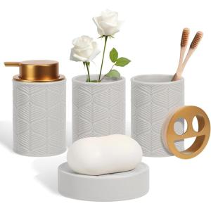 Ceramic Bathroom Accessories Set, 4 Pcs-Includes Lotion Soap Dispenser, Toothbrush Holder, Vanity Tray, and Tumbler, Modern Bathroom Decor Organizer with Soap Dish, Apothecary Jar, Beige Color(Ceramic Grey)