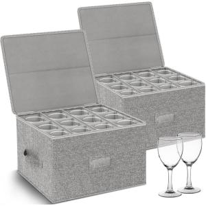 Coffee Mug Storage Box 2 Pack with Dividers, China Storage Containers Organizer Moving Supplies, Hard Shell & Stackable for Coffee Mugs, Tea Cups w/Sturdy Lid & Handles, 24 Compartments, Grey(Wine Glass Storage – 2pcs)