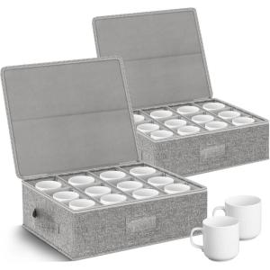 Coffee Mug Storage Box 2 Pack with Dividers, China Storage Containers Organizer Moving Supplies, Hard Shell & Stackable for Coffee Mugs, Tea Cups w/Sturdy Lid & Handles, 24 Compartments, Grey(Mug and Cup Storage – 2pcs)