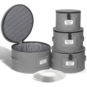 Coffee Mug Storage Box 2 Pack with Dividers, China Storage Containers Organizer Moving Supplies, Hard Shell & Stackable for Coffee Mugs, Tea Cups w/Sturdy Lid & Handles, 24 Compartments, Grey(Quilted Set for China Storage – 4pcs)