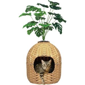Hidden Cat Litter Box Plant Furniture Enclosure House w/ Faux Plant, Decorative Handwoven Rattan Round Planter Cat Bed for Indoor Cats w/ Odor Control Filter, in Living Room Bedroom Corner Natural