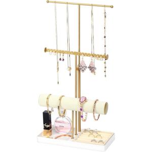 Jewelry Organizer Stand with Velvet Bracelet Holder, 3 Tier Sturdy Hangers for Necklaces, Watches, Rings, Earrings, Adjustable Tall 17.1″ (Max), Gold Metal Jewelry Tower Gift for Women