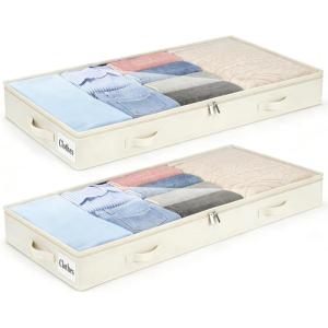 Under Bed Storage Container Bins 2 Pack, 4 Inch Thin Low Profile Underbed Clothes Storage Organizer for Dorm & Home, Use for Blanket and Toy Storage Box W/ Sturdy Bottom/Sides, Foldable Thick Fabric(Soft-White-2 Pack)
