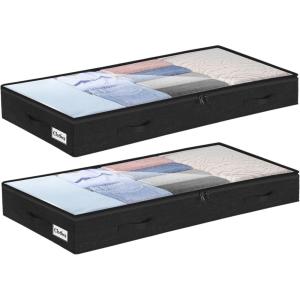 Under Bed Storage Container Bins 2 Pack, 4 Inch Thin Low Profile Underbed Clothes Storage Organizer for Dorm & Home, Use for Blanket and Toy Storage Box W/ Sturdy Bottom/Sides, Foldable Thick Fabric(Soft-Black-2 Pack)
