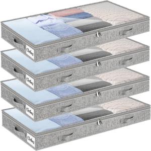 Under Bed Storage Container Bins 2 Pack, 4 Inch Thin Low Profile Underbed Clothes Storage Organizer for Dorm & Home, Use for Blanket and Toy Storage Box W/ Sturdy Bottom/Sides, Foldable Thick Fabric(Soft-Gray-4 Pack)