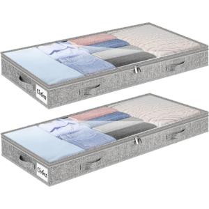 Under Bed Storage Container Bins 2 Pack, 4 Inch Thin Low Profile Underbed Clothes Storage Organizer for Dorm & Home, Use for Blanket and Toy Storage Box W/ Sturdy Bottom/Sides, Foldable Thick Fabric(Soft-Gray-2 Pack)