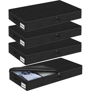 Under Bed Storage Container Bins 2 Pack, 4.5 Inch Slim Low Profile Underbed Clothes Storage Organizer for Dorm & Home, Use for Blanket and Toy Storage Box W/ Sturdy Bottom/Sides, Foldable Thick Fabric(Black-4 Pack)