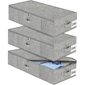 Under Bed Storage Container Bins 2 Pack, 4.5 Inch Slim Low Profile Underbed Clothes Storage Organizer for Dorm & Home, Use for Blanket and Toy Storage Box W/ Sturdy Bottom/Sides, Foldable Thick Fabric(Grey-3 Pack)