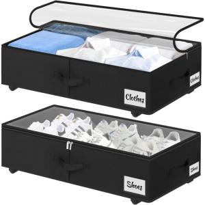 Under Bed Storage with Wheels, 2-Pack 10″ Height XXL 60L Rolling Storage Bins, Quick Assembly Underbed Shoe Storage Containers with Clear Lid & Label, Dorm Under bed Drawers for Clothes, Shoes, Black(Black-2 Pack)