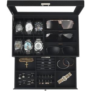 Watch Jewelry Box Organizer, 6-Slot 2-Layer Watch Case and Sunglasses Storage with Large Glass Lid, Men’s Jewelry Box with Lock, Watch Holder Display Case, Gift for Men Women(All Black-6 Slot)