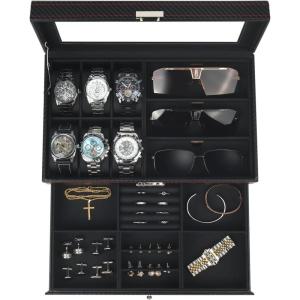 Watch Jewelry Box Organizer, 6-Slot 2-Layer Watch Case and Sunglasses Storage with Large Glass Lid, Men’s Jewelry Box with Lock, Watch Holder Display Case, Gift for Men Women(Black-6 Slot)