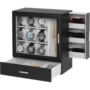 Watch Jewelry Box Organizer, 6-Slot 2-Layer Watch Case and Sunglasses Storage with Large Glass Lid, Men’s Jewelry Box with Lock, Watch Holder Display Case, Gift for Men Women(Watch Jewelry Display Box-9 Slot)