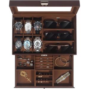 Watch Jewelry Box Organizer, 6-Slot 2-Layer Watch Case and Sunglasses Storage with Large Glass Lid, Men’s Jewelry Box with Lock, Watch Holder Display Case, Gift for Men Women(Brown-6 Slot)