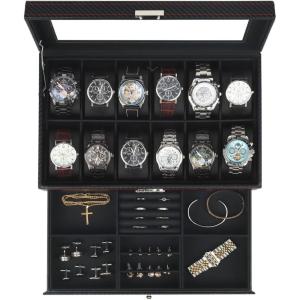 Watch Jewelry Box Organizer, 6-Slot 2-Layer Watch Case and Sunglasses Storage with Large Glass Lid, Men’s Jewelry Box with Lock, Watch Holder Display Case, Gift for Men Women(Black-12 Slot)