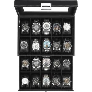 Watch Jewelry Box Organizer, 6-Slot 2-Layer Watch Case and Sunglasses Storage with Large Glass Lid, Men’s Jewelry Box with Lock, Watch Holder Display Case, Gift for Men Women(Black-20 Slot)