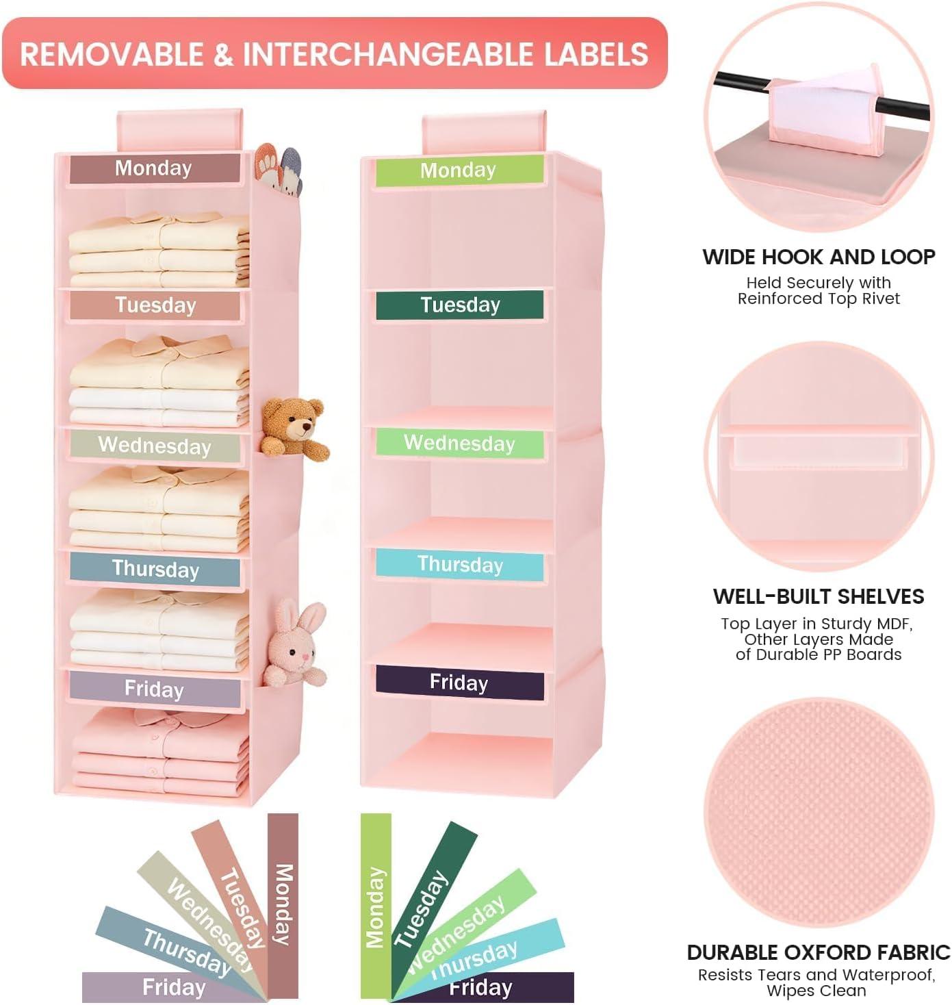 image:imageWeekly Clothes Organizer for Kids 5Shelf Kid Hanging Closet Organizer w 6 Side Pockets Labeled Weekly Outfit Organizer for Kids Days of The Week Clothes Organizer Monday Through Friday WhitePink5 Shelves