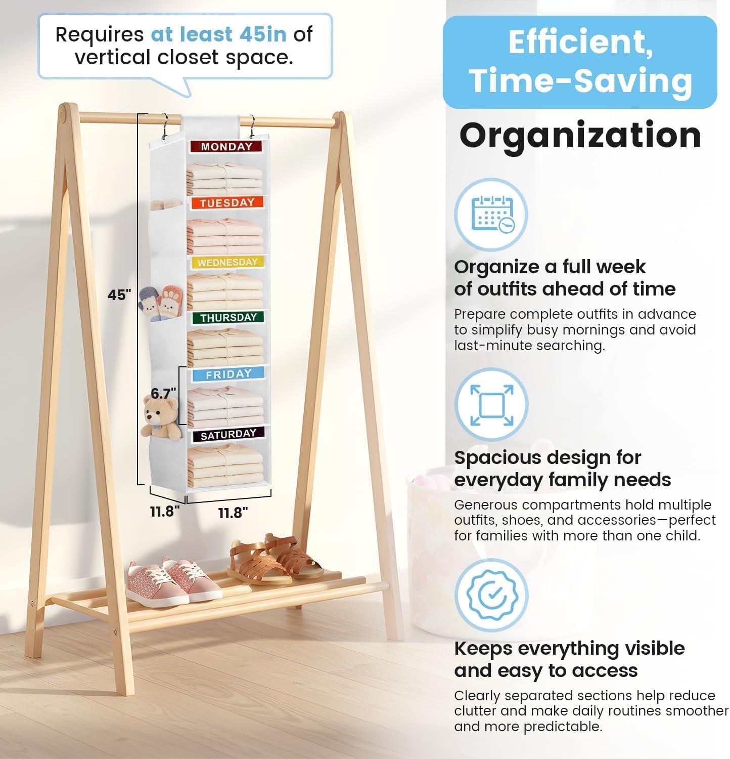 image:imageWeekly Clothes Organizer for Kids 5Shelf Kid Hanging Closet Organizer w 6 Side Pockets Labeled Weekly Outfit Organizer for Kids Days of The Week Clothes Organizer Monday Through Friday WhiteWhite6 Shelves