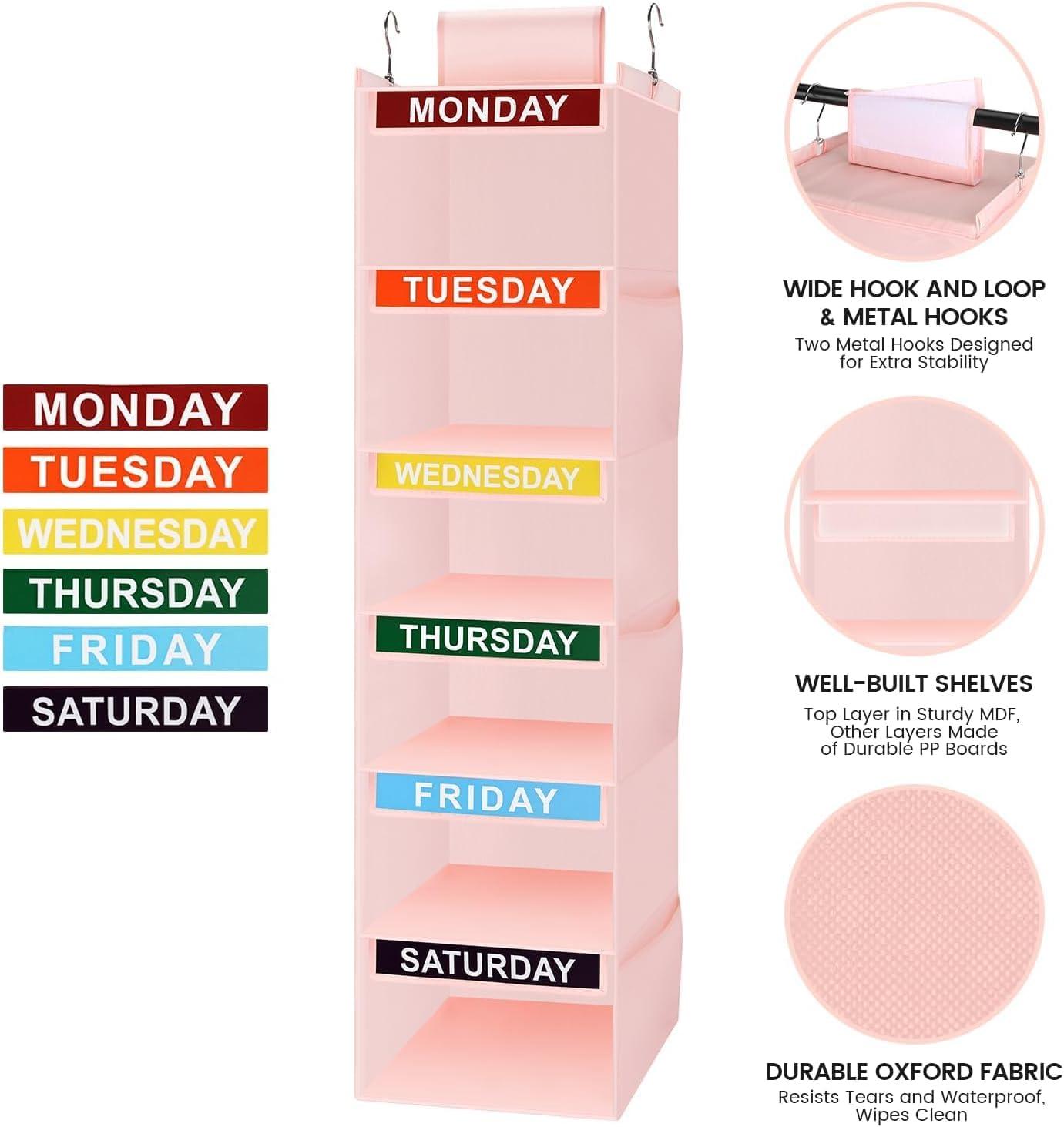 image:imageWeekly Clothes Organizer for Kids 5Shelf Kid Hanging Closet Organizer w 6 Side Pockets Labeled Weekly Outfit Organizer for Kids Days of The Week Clothes Organizer Monday Through Friday WhitePink6 Shelves
