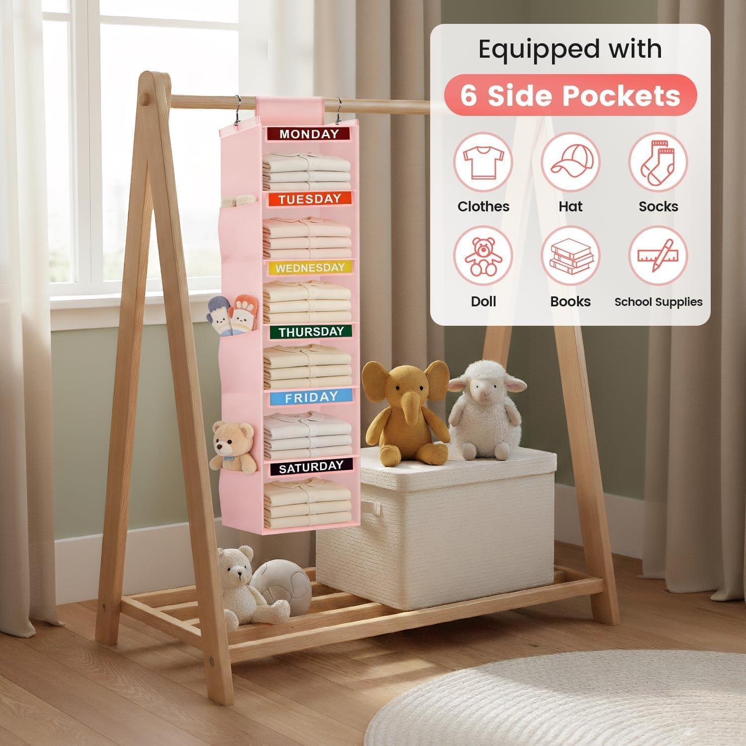 image:imageWeekly Clothes Organizer for Kids 5Shelf Kid Hanging Closet Organizer w 6 Side Pockets Labeled Weekly Outfit Organizer for Kids Days of The Week Clothes Organizer Monday Through Friday WhitePink6 Shelves