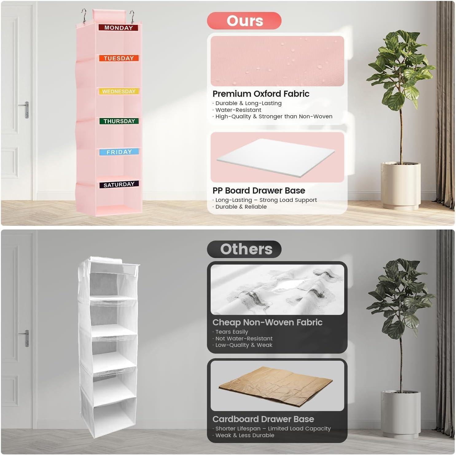 image:imageWeekly Clothes Organizer for Kids 5Shelf Kid Hanging Closet Organizer w 6 Side Pockets Labeled Weekly Outfit Organizer for Kids Days of The Week Clothes Organizer Monday Through Friday WhitePink6 Shelves
