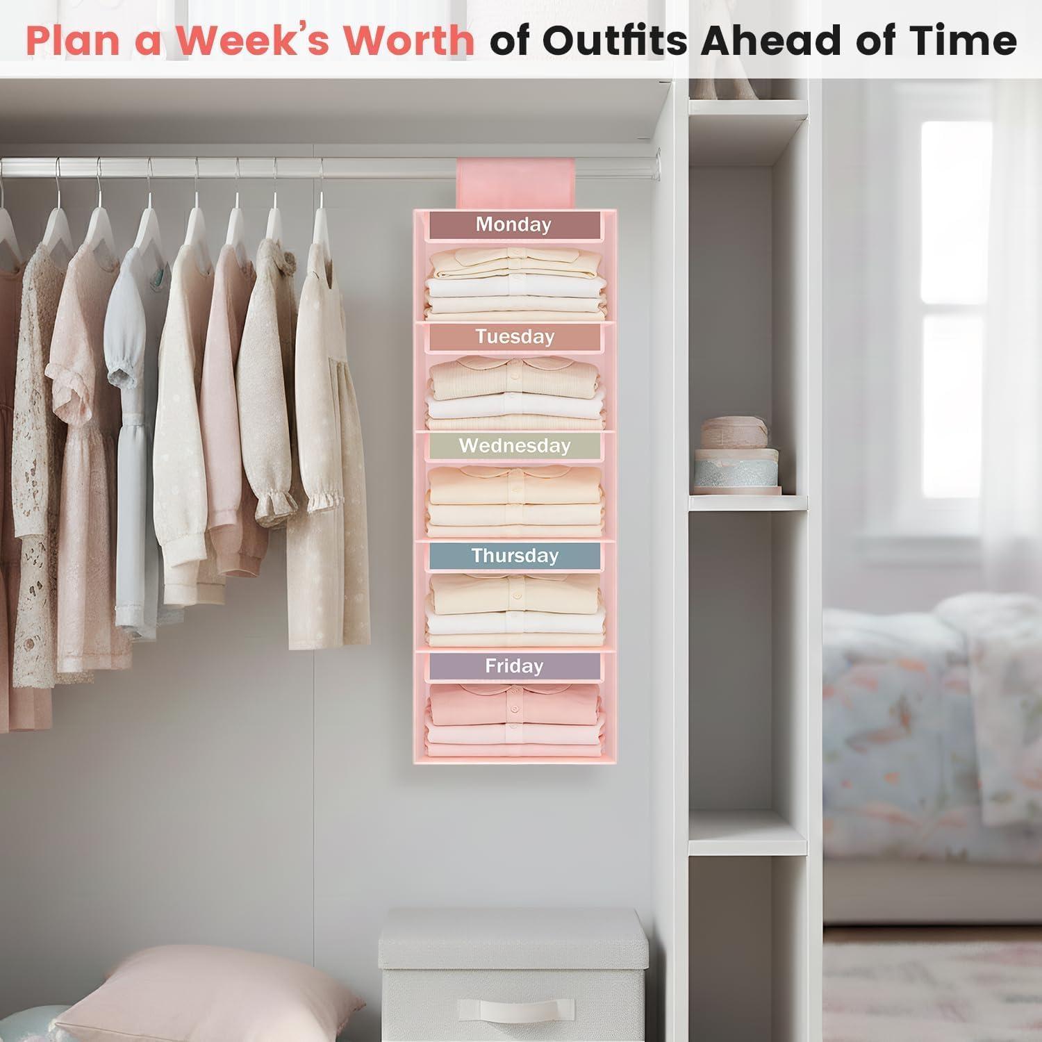 image:imageWeekly Clothes Organizer for Kids 5Shelf Kid Hanging Closet Organizer w 6 Side Pockets Labeled Weekly Outfit Organizer for Kids Days of The Week Clothes Organizer Monday Through Friday WhitePink5 Shelves