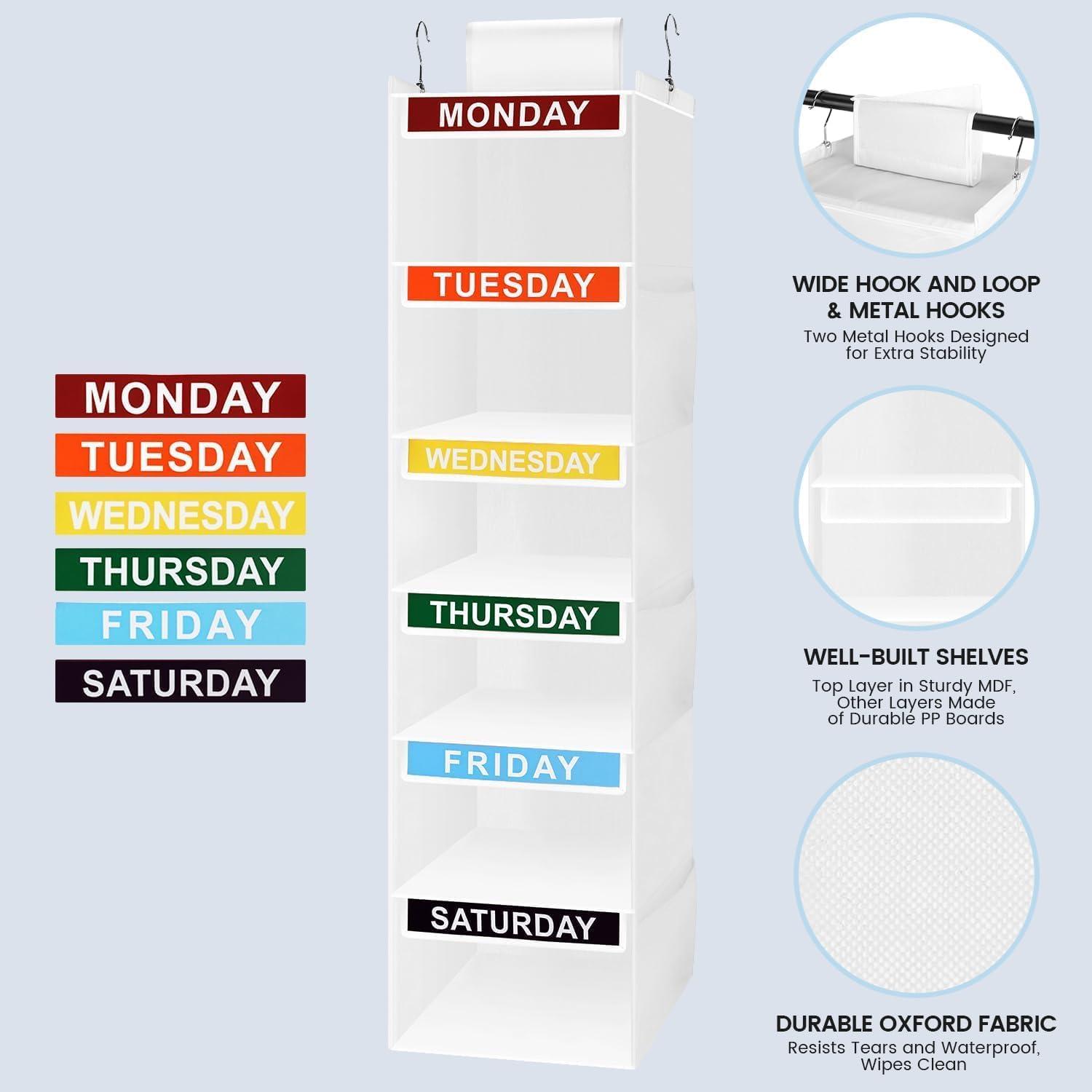 image:imageWeekly Clothes Organizer for Kids 5Shelf Kid Hanging Closet Organizer w 6 Side Pockets Labeled Weekly Outfit Organizer for Kids Days of The Week Clothes Organizer Monday Through Friday WhiteWhite6 Shelves