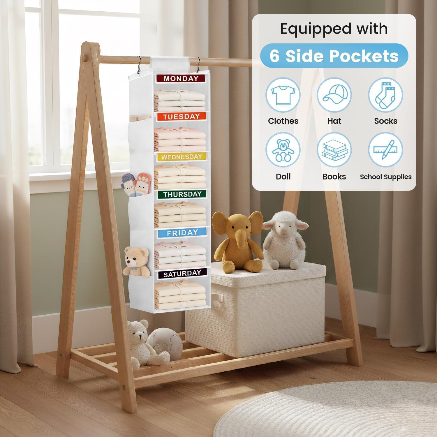 image:imageWeekly Clothes Organizer for Kids 5Shelf Kid Hanging Closet Organizer w 6 Side Pockets Labeled Weekly Outfit Organizer for Kids Days of The Week Clothes Organizer Monday Through Friday WhiteWhite6 Shelves
