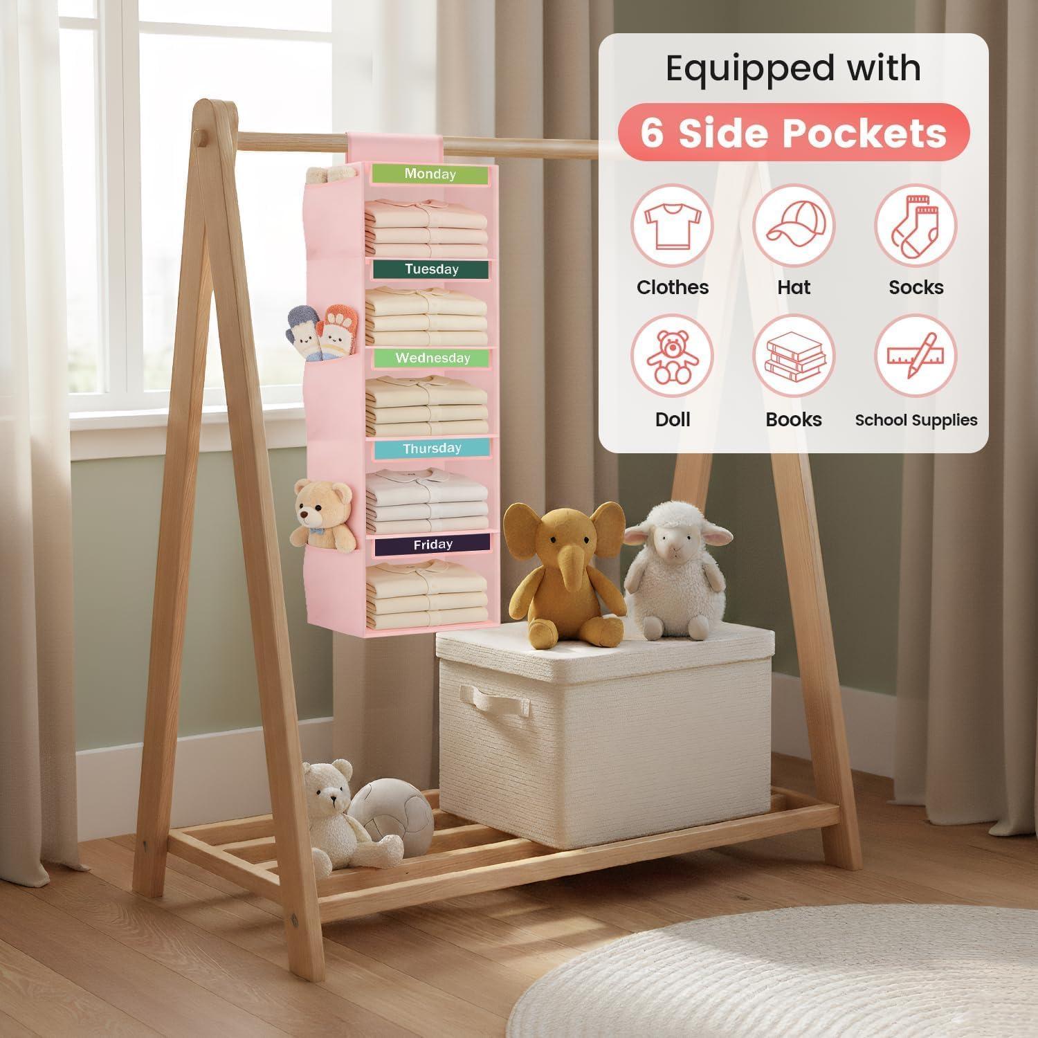 image:imageWeekly Clothes Organizer for Kids 5Shelf Kid Hanging Closet Organizer w 6 Side Pockets Labeled Weekly Outfit Organizer for Kids Days of The Week Clothes Organizer Monday Through Friday WhitePink5 Shelves