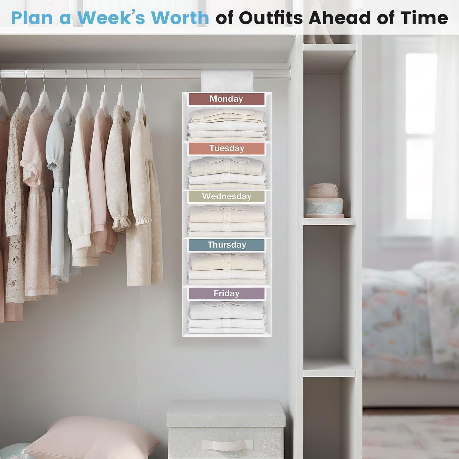 image:imageWeekly Clothes Organizer for Kids 5Shelf Kid Hanging Closet Organizer w 6 Side Pockets Labeled Weekly Outfit Organizer for Kids Days of The Week Clothes Organizer Monday Through Friday WhiteWhite5 Shelves