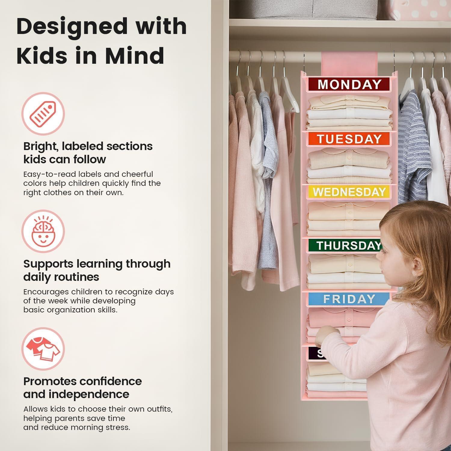 image:imageWeekly Clothes Organizer for Kids 5Shelf Kid Hanging Closet Organizer w 6 Side Pockets Labeled Weekly Outfit Organizer for Kids Days of The Week Clothes Organizer Monday Through Friday WhitePink6 Shelves