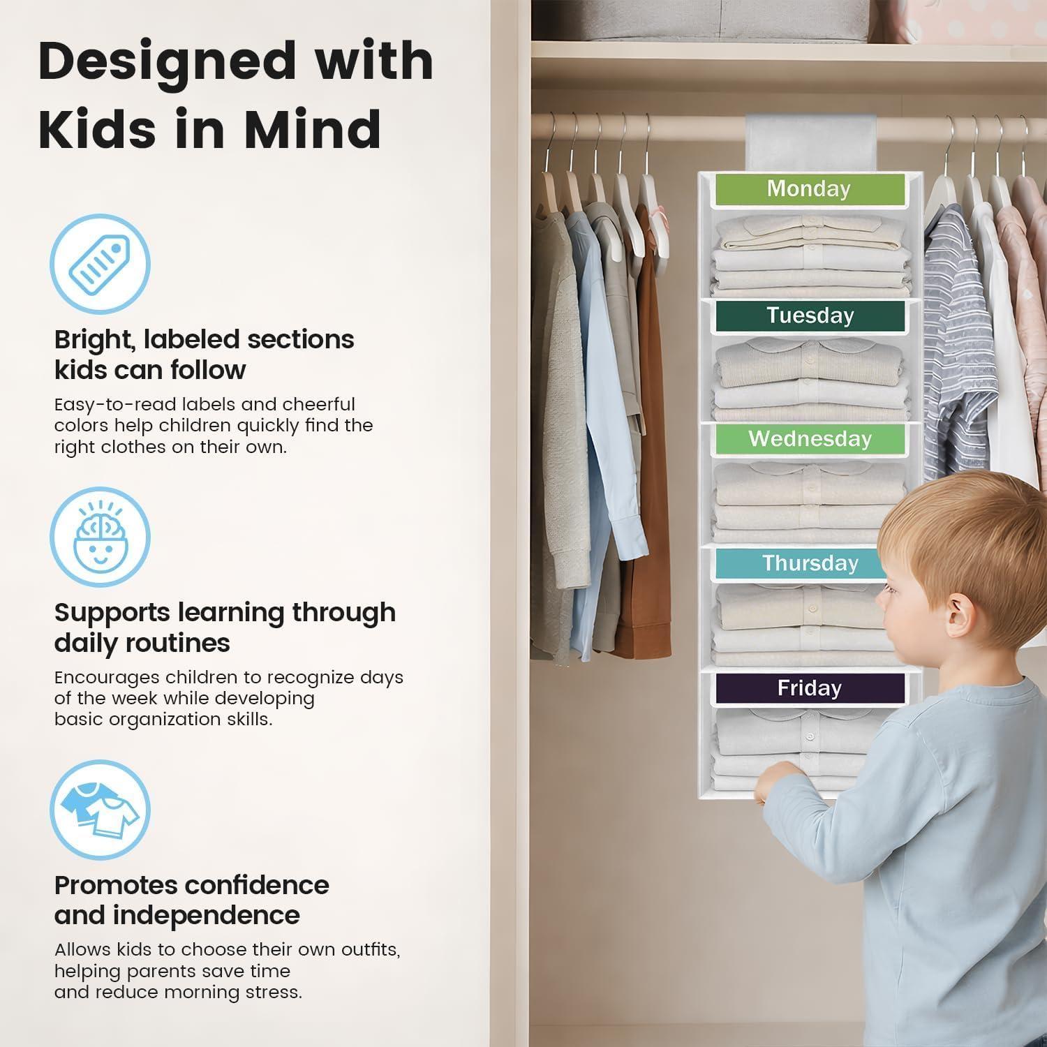 image:imageWeekly Clothes Organizer for Kids 5Shelf Kid Hanging Closet Organizer w 6 Side Pockets Labeled Weekly Outfit Organizer for Kids Days of The Week Clothes Organizer Monday Through Friday WhiteWhite5 Shelves